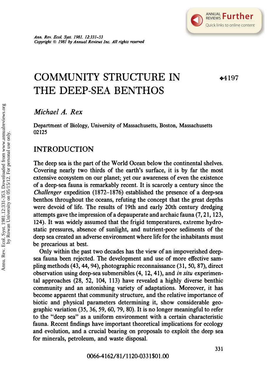 Community Structure in the Deep-Sea Benthos by M A Rex