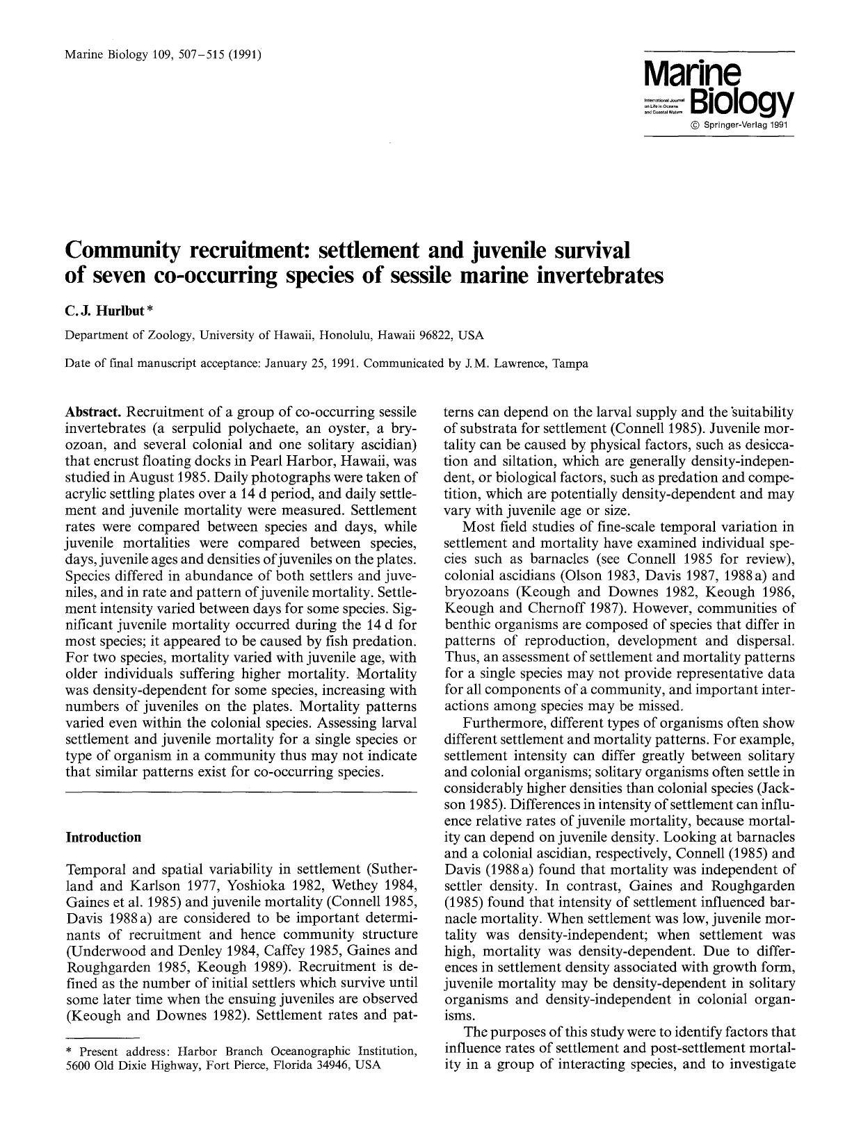 Community recruitment: Settlement and juvenile survival of seven co-occurring species of sessile marine invertebrates by Unknown