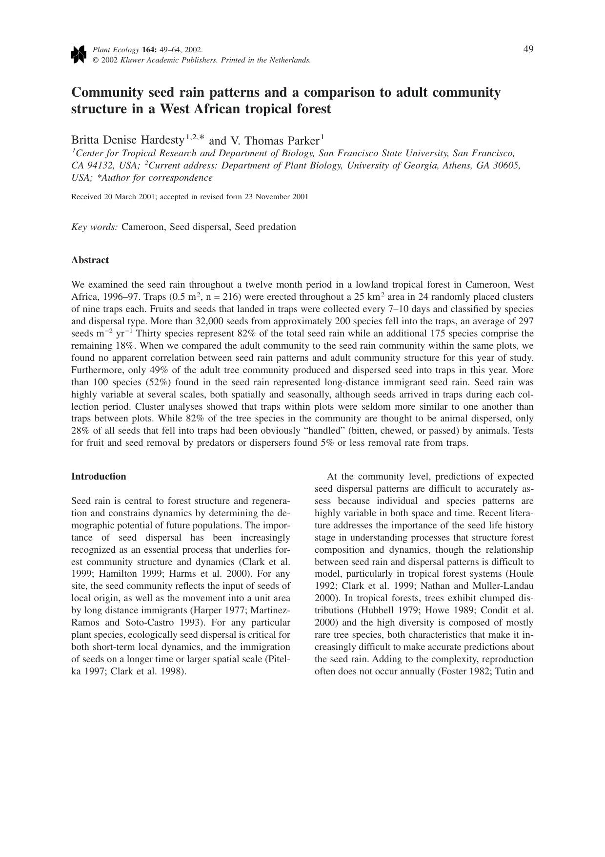 Community seed rain patterns and a comparison to adult community structure in a West African tropical forest by Unknown
