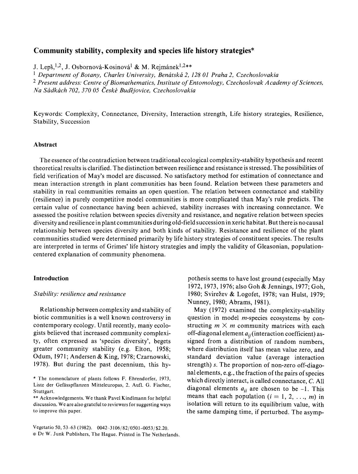 Community stability, complexity and species life history strategies by Unknown