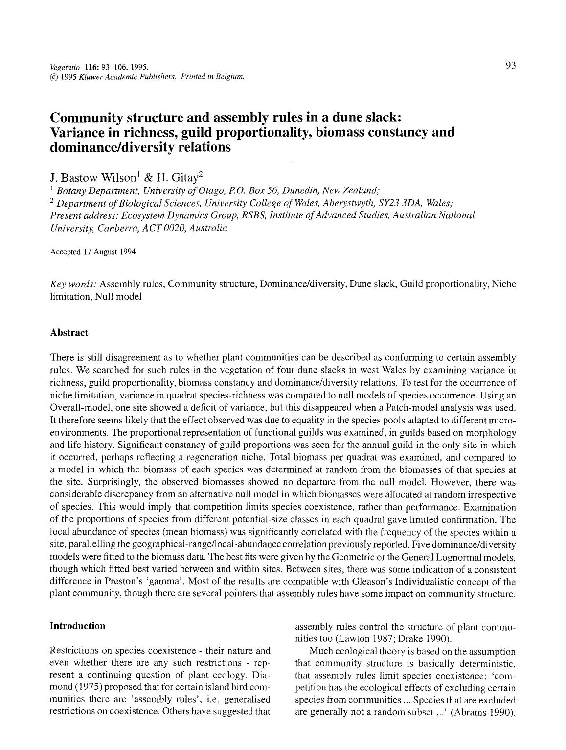 Community structure and assembly rules in a dune slack: Variance in richness, guild proportionality, biomass constancy and dominancediversity relations by Unknown