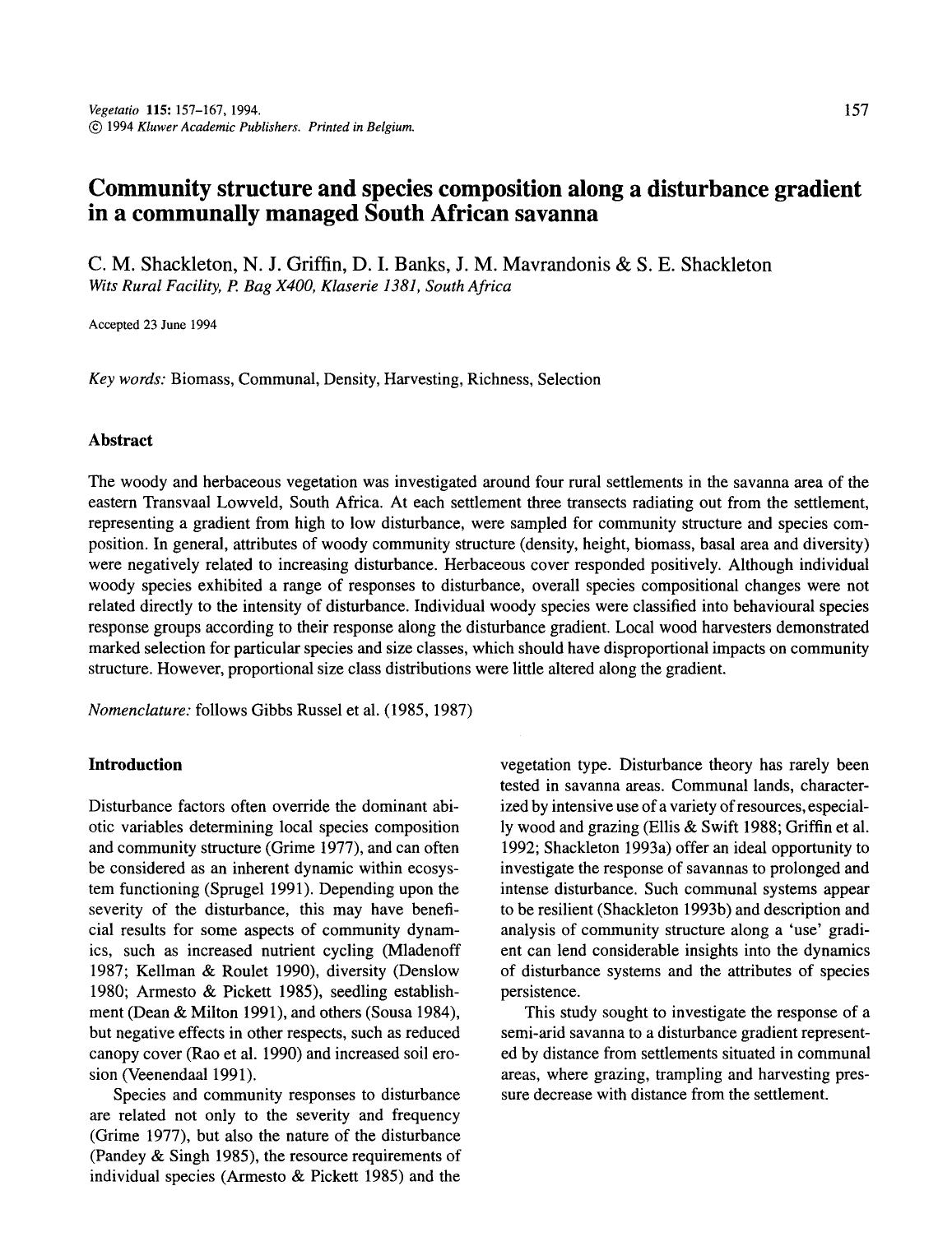 Community structure and species composition along a disturbance gradient in a communally managed South African savanna by Unknown