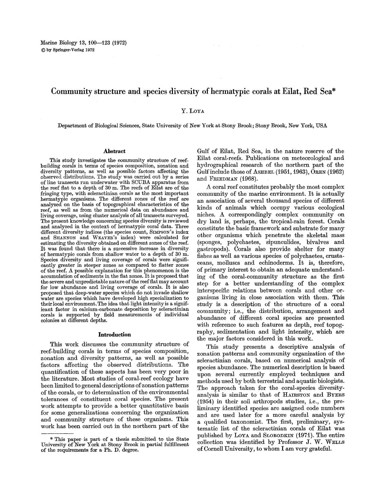 Community structure and species diversity of hermatypic corals at Eilat, Red Sea by Unknown
