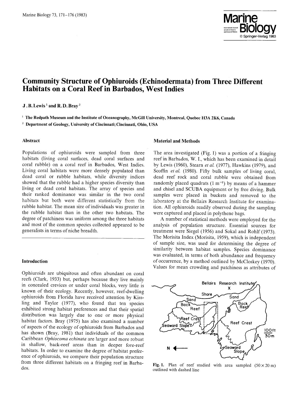 Community structure of ophiuroids (Echinodermata) from three different habitats on a coral reef in Barbados, West Indies by Unknown