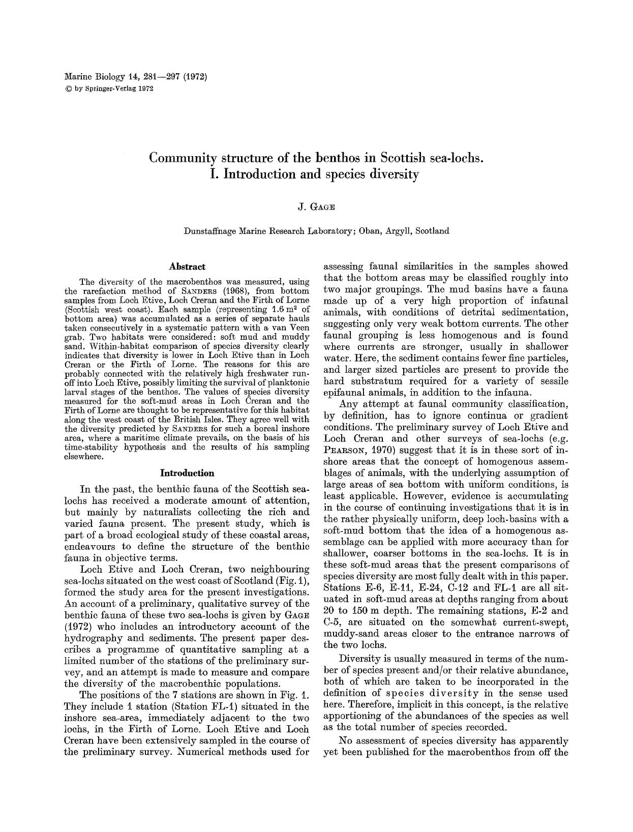 Community structure of the benthos in Scottish sea-lochs. I. Introduction and species diversity by Unknown
