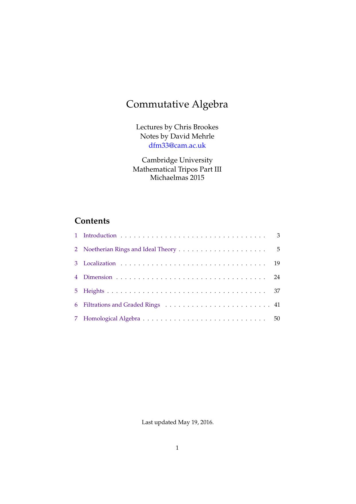 Commutative Algebra by Chris Brookes D. Mehrle