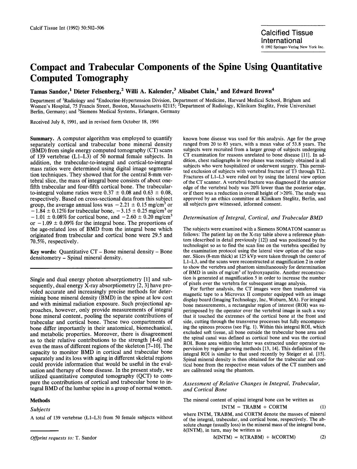 Compact and trabecular components of the spine using quantitative computed tomography by Unknown