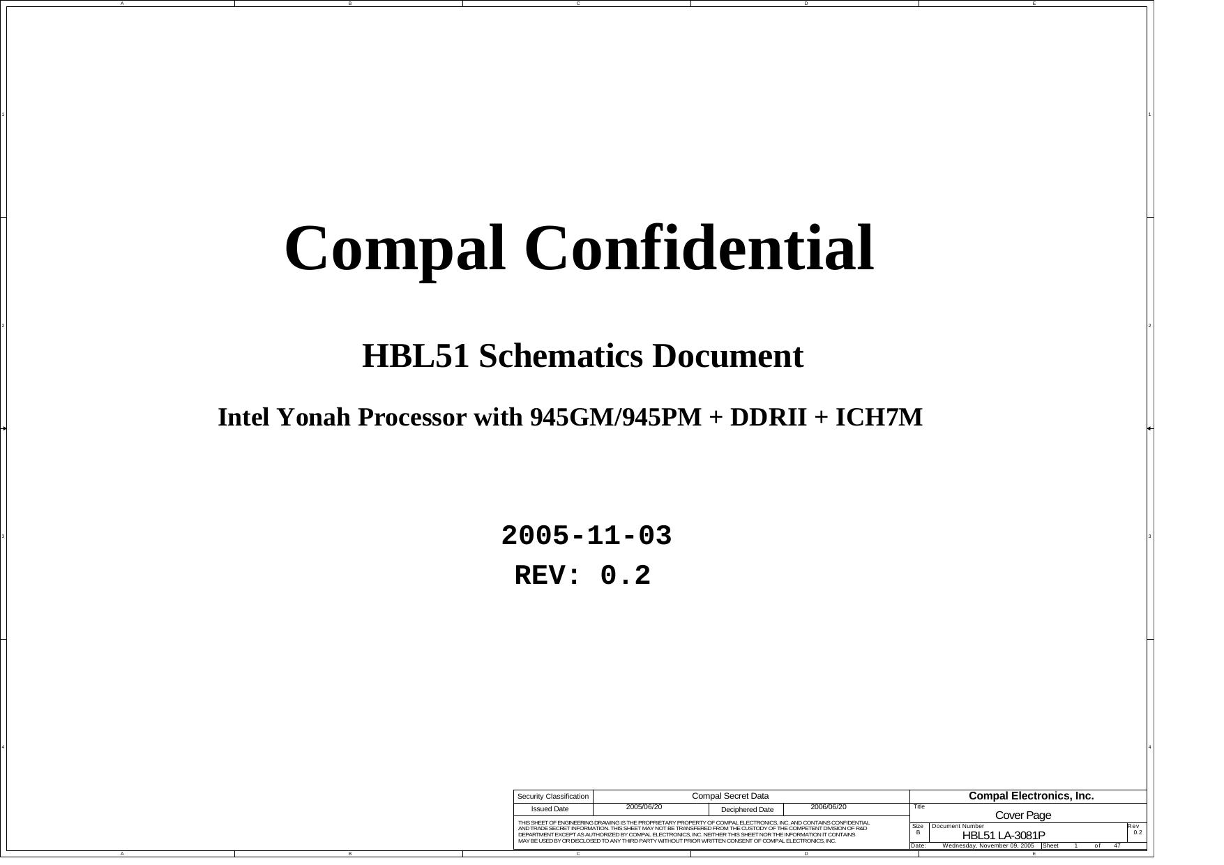 Compal Confidential : HBL51 Schematics Document : Intel Yonah Processor with 945GM/945PM + DDRII + ICH7M by Compal Electronics Inc