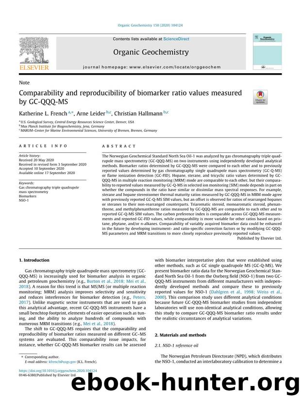 Comparability and reproducibility of biomarker ratio values measured by GC-QQQ-MS by Katherine L. French & Arne Leider & Christian Hallmann