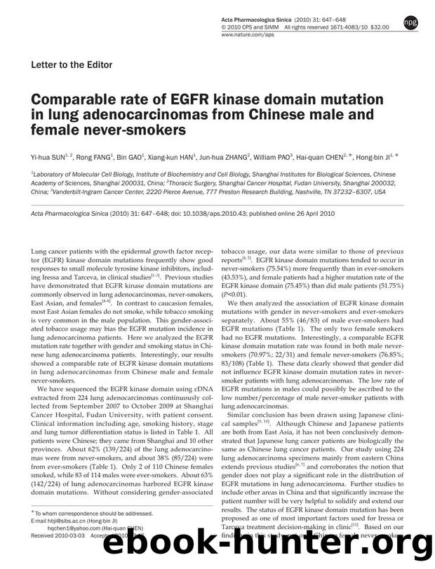 Comparable rate of EGFR kinase domain mutation in lung adenocarcinomas from Chinese male and female never-smokers by unknow
