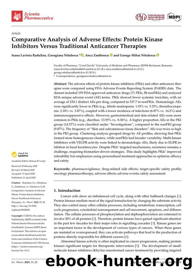Comparative Analysis of Adverse Effects: Protein Kinase Inhibitors Versus Traditional Anticancer Therapies by Ioana Lavinia Radulian Georgiana Nitulescu Anca Zanfirescu & George Mihai Nitulescu