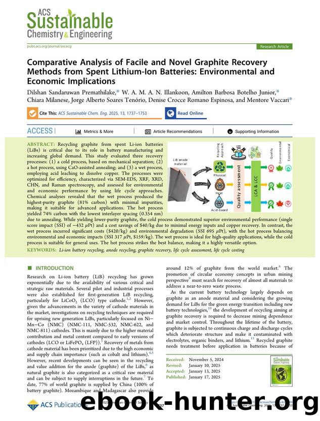 Comparative Analysis of Facile and Novel Graphite Recovery Methods from Spent Lithium-Ion Batteries: Environmental and Economic Implications by unknow