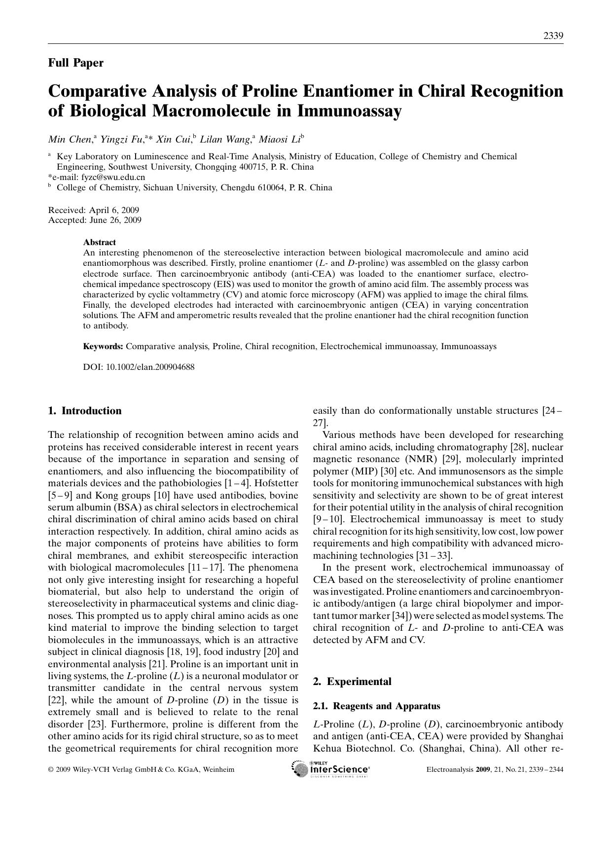Comparative Analysis of Proline Enantiomer in Chiral Recognition of Biological Macromolecule in Immunoassay by Unknown