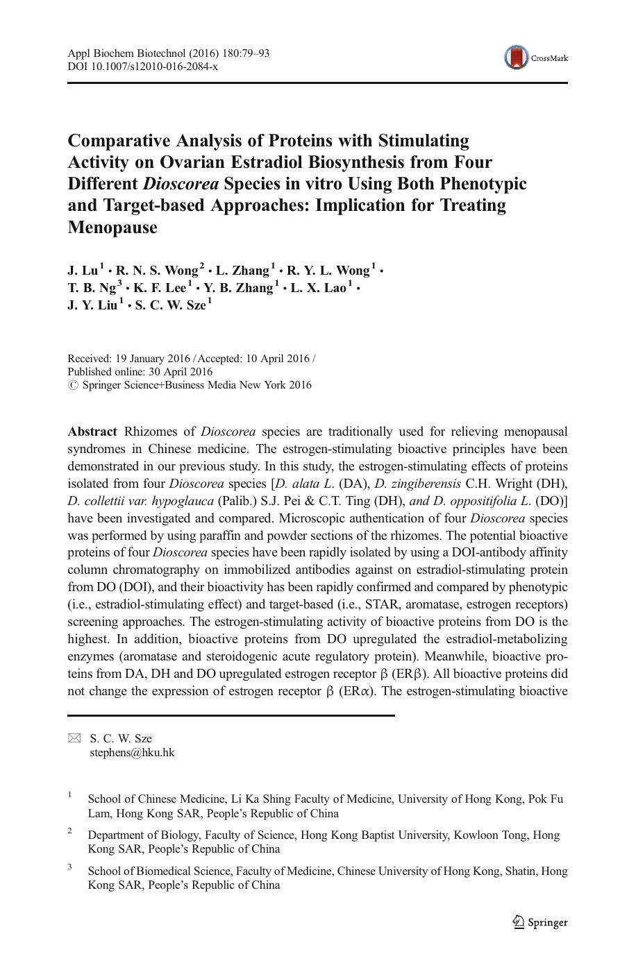 Comparative Analysis of Proteins with Stimulating Activity on Ovarian Estradiol Biosynthesis from Four Different Dioscorea Species in vitro Using Both Phenotypic and Target-based A by unknow