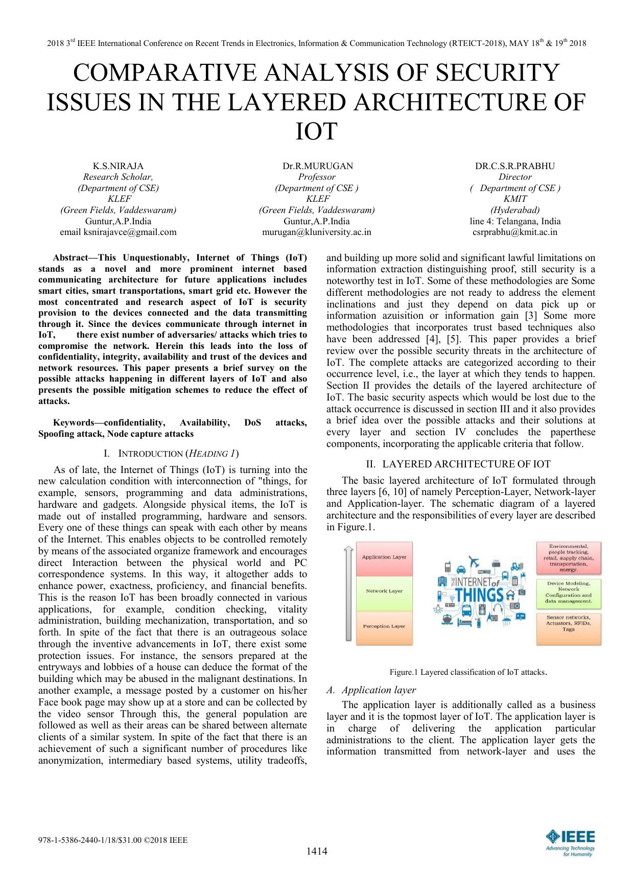 Comparative Analysis of Security Issues in the Layered Architecture of IoT by K.S. Niraja & R. Murugan & C.S.R. Prabhu