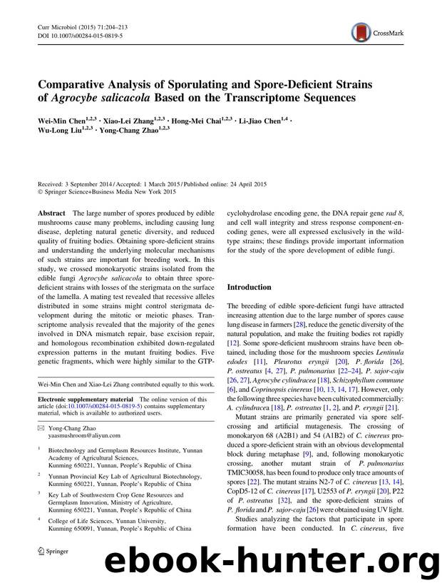 Comparative Analysis of Sporulating and Spore-Deficient Strains of Agrocybe salicacola Based on the Transcriptome Sequences by Wei-Min Chen & Xiao-Lei Zhang & Hong-Mei Chai & Li-Jiao Chen & Wu-Long Liu & Yong-Chang Zhao