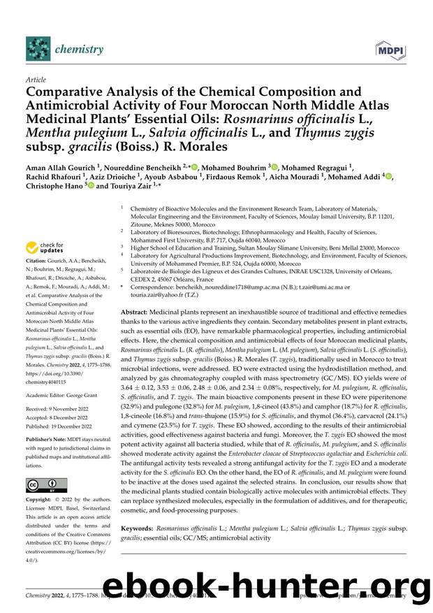 Comparative Analysis of the Chemical Composition and Antimicrobial Activity of Four Moroccan North Middle Atlas Medicinal Plantsâ Essential Oils: Rosmarinus officinalis L., Menth by unknow