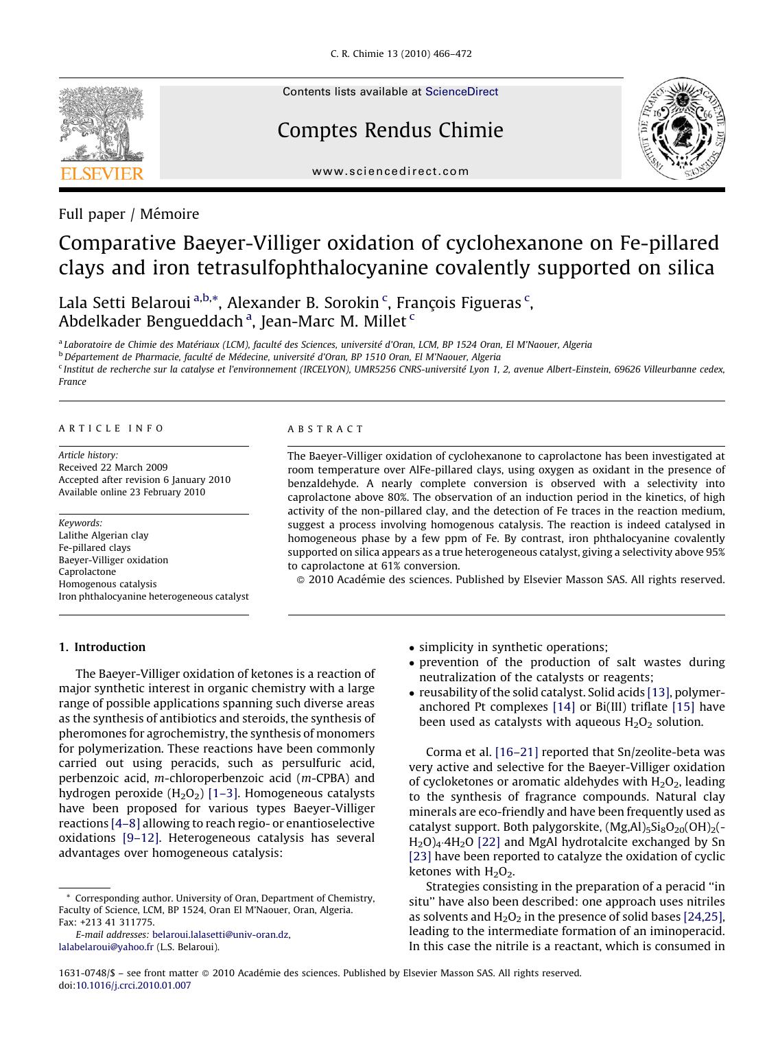 Comparative Baeyer-Villiger oxidation of cyclohexanone on Fe-pillared clays and iron tetrasulfophthalocyanine covalently supported on silica by unknow