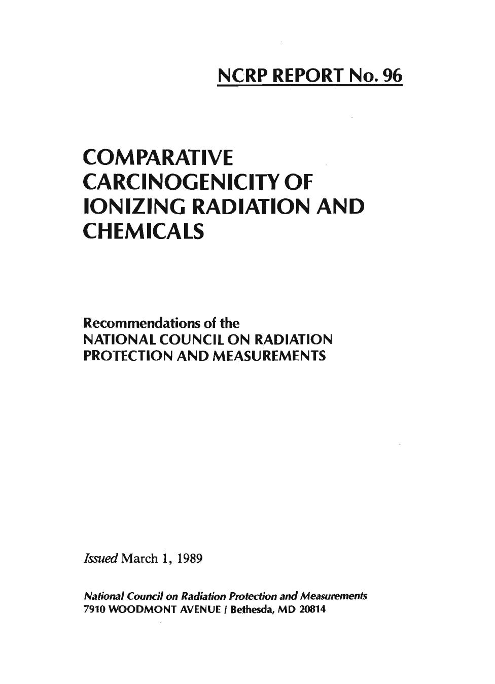 Comparative Carcinogenicity of Ionizing Radiation and Chemicals by National Council on Radiation Protection and Measurements