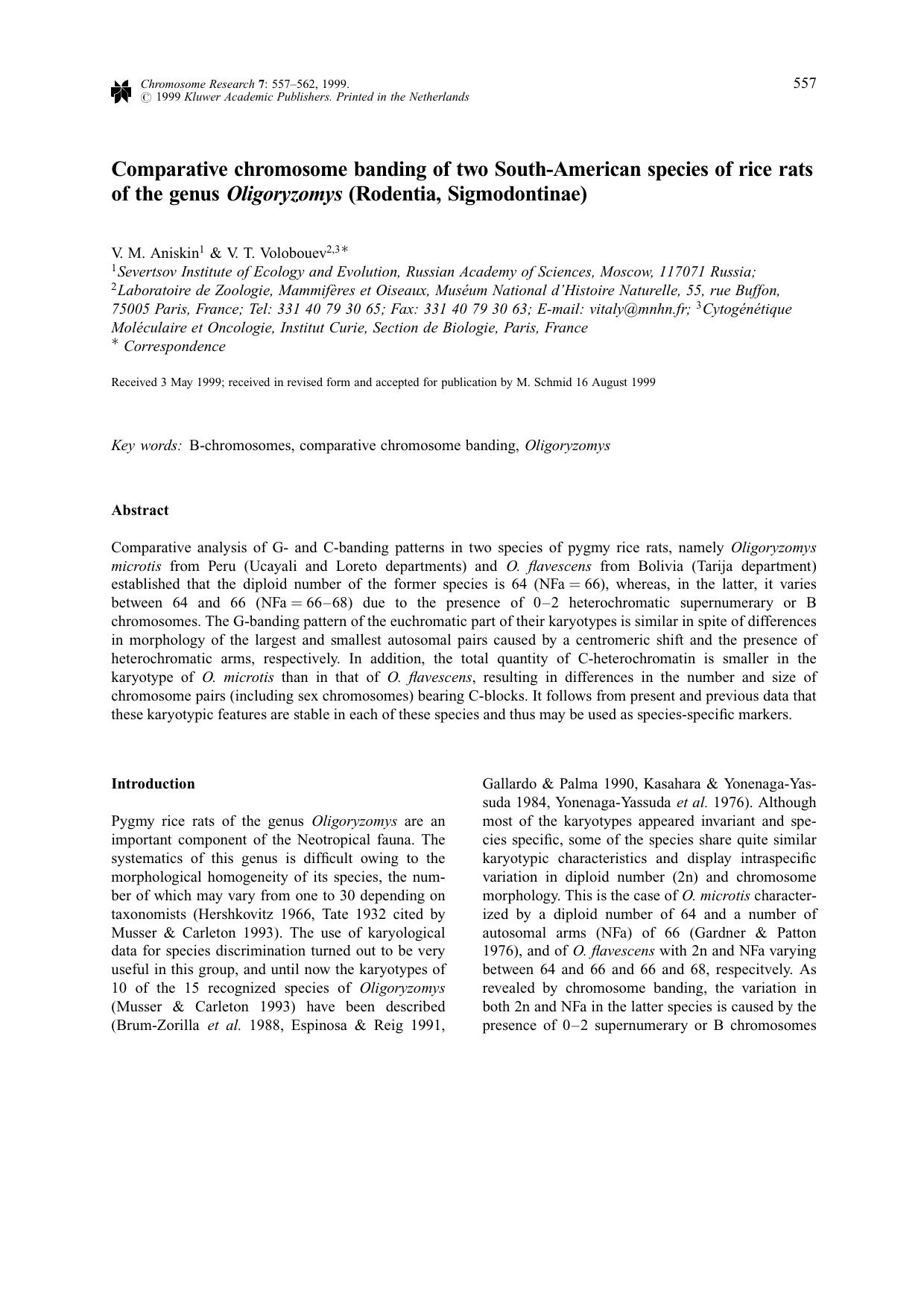 Comparative Chromosome Banding of Two South-American Species of Rice Rats of the Genus Oligoryzomys (Rodentia, Sigmodontinae) by Unknown