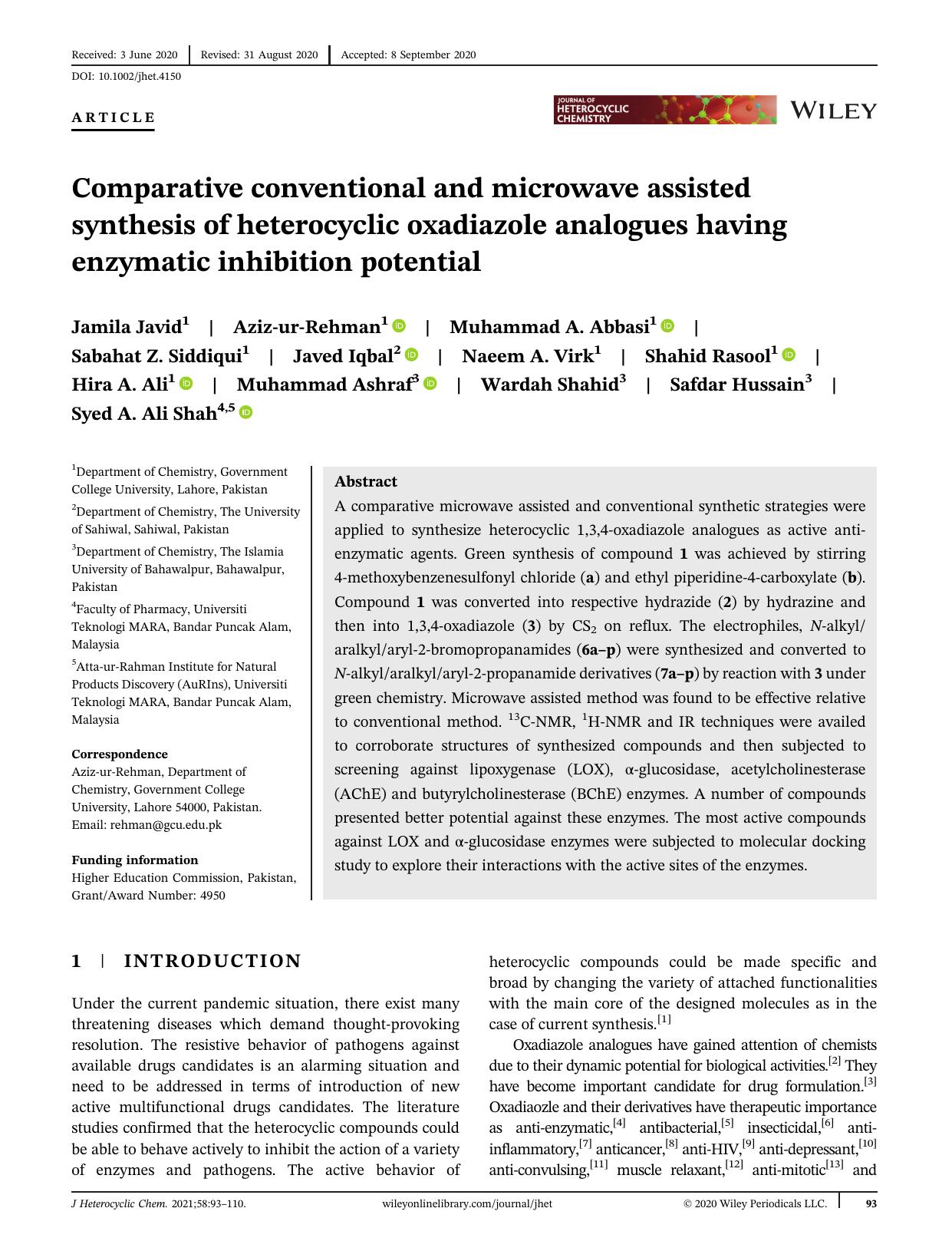 Comparative Conventional and Microwave Assisted Synthesis of Heterocyclic Oxadiazole Analogues Having Enzymatic Inhibition Potential by Unknown