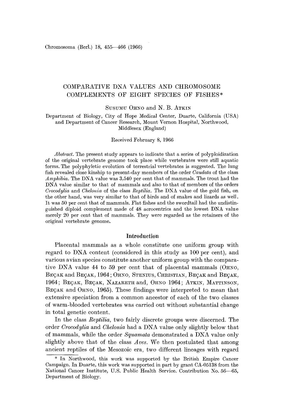 Comparative DNA values and chromosome complements of eight species of fishes by Unknown