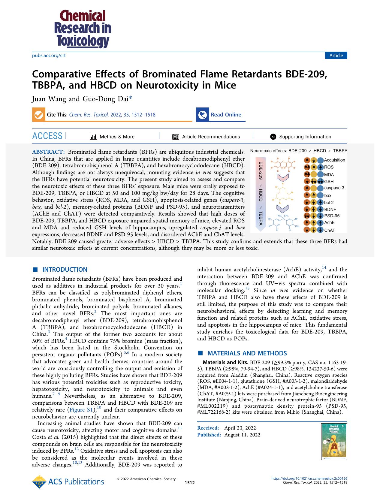 Comparative Effects of Brominated Flame Retardants BDE-209, TBBPA, and HBCD on Neurotoxicity in Mice by Juan Wang and Guo-Dong Dai
