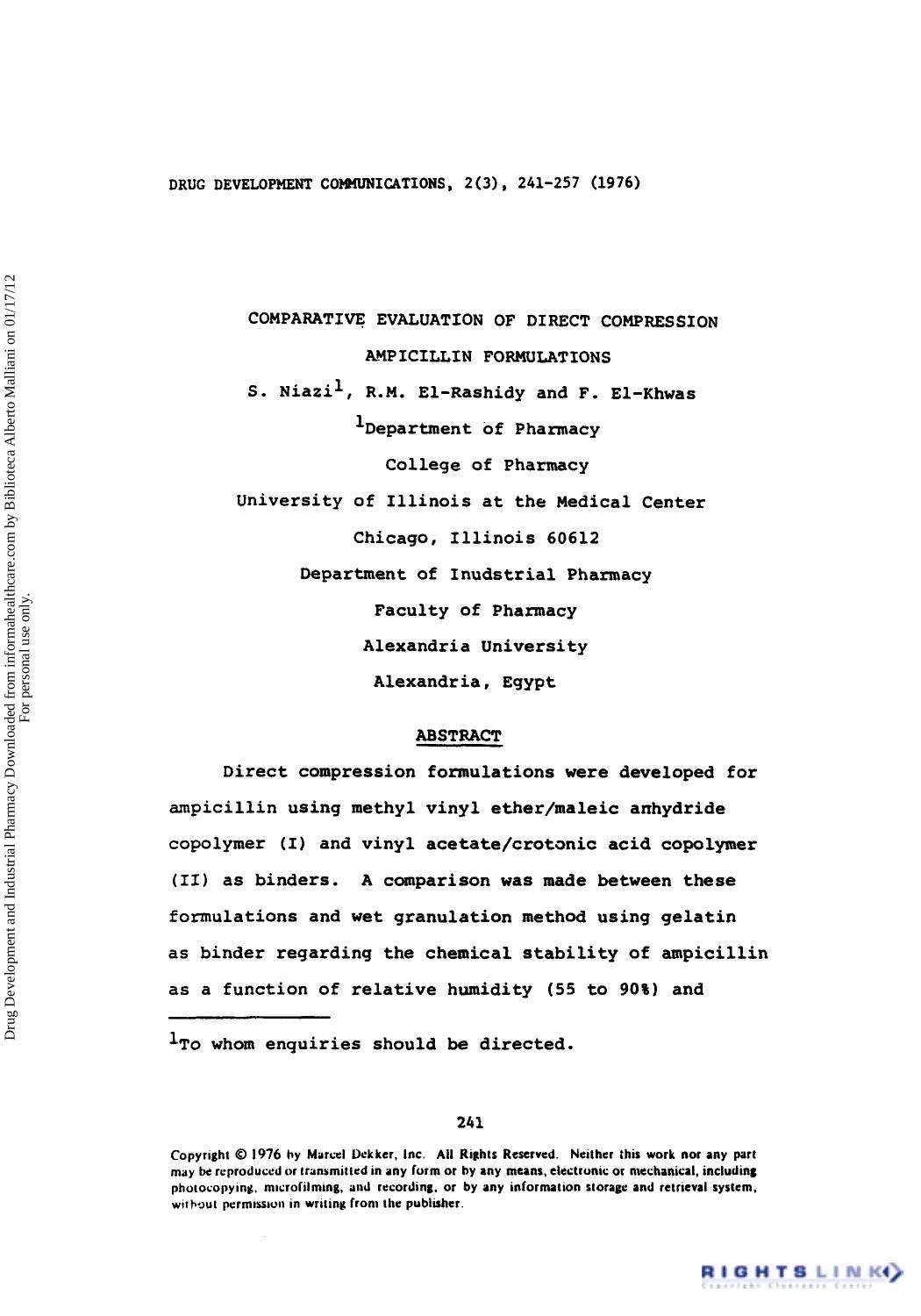 Comparative Evaluation of Direct Compression Ampicillin Formulations by S. Niazi R. M. El-Rashidy & F. El-Khwas