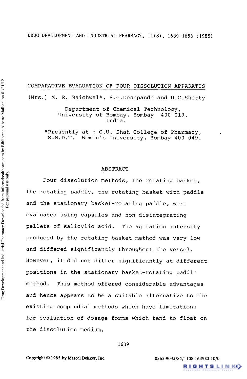Comparative Evaluation of Four Dissolution Apparatus by (Mrs.) M. R. Baichwal S. G. Deshpande & U. C. Shetty