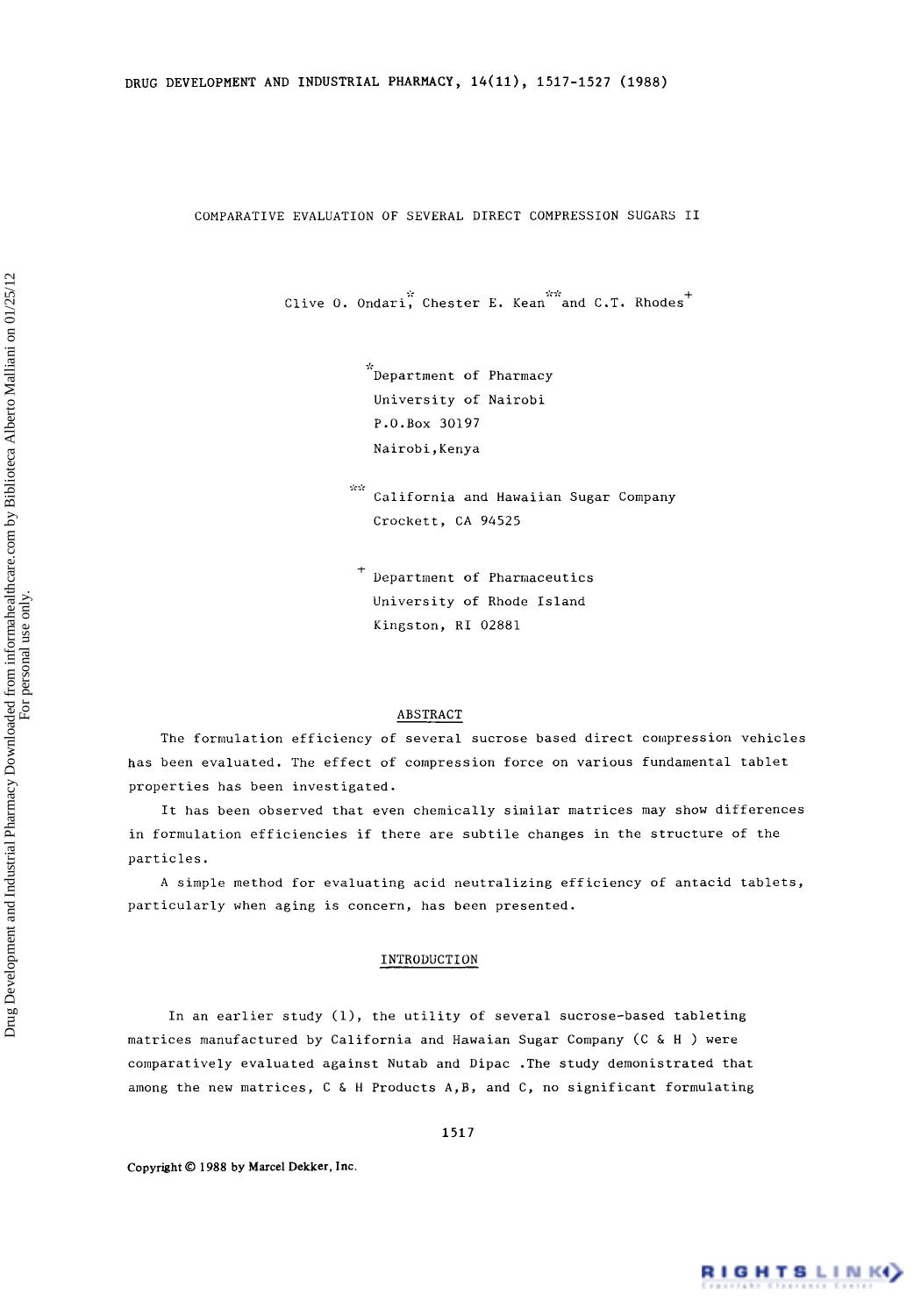 Comparative Evaluation of Several Direct Compression Sugars II by Clive O. Ondari Chester E. Kean & C. T. Rhodes
