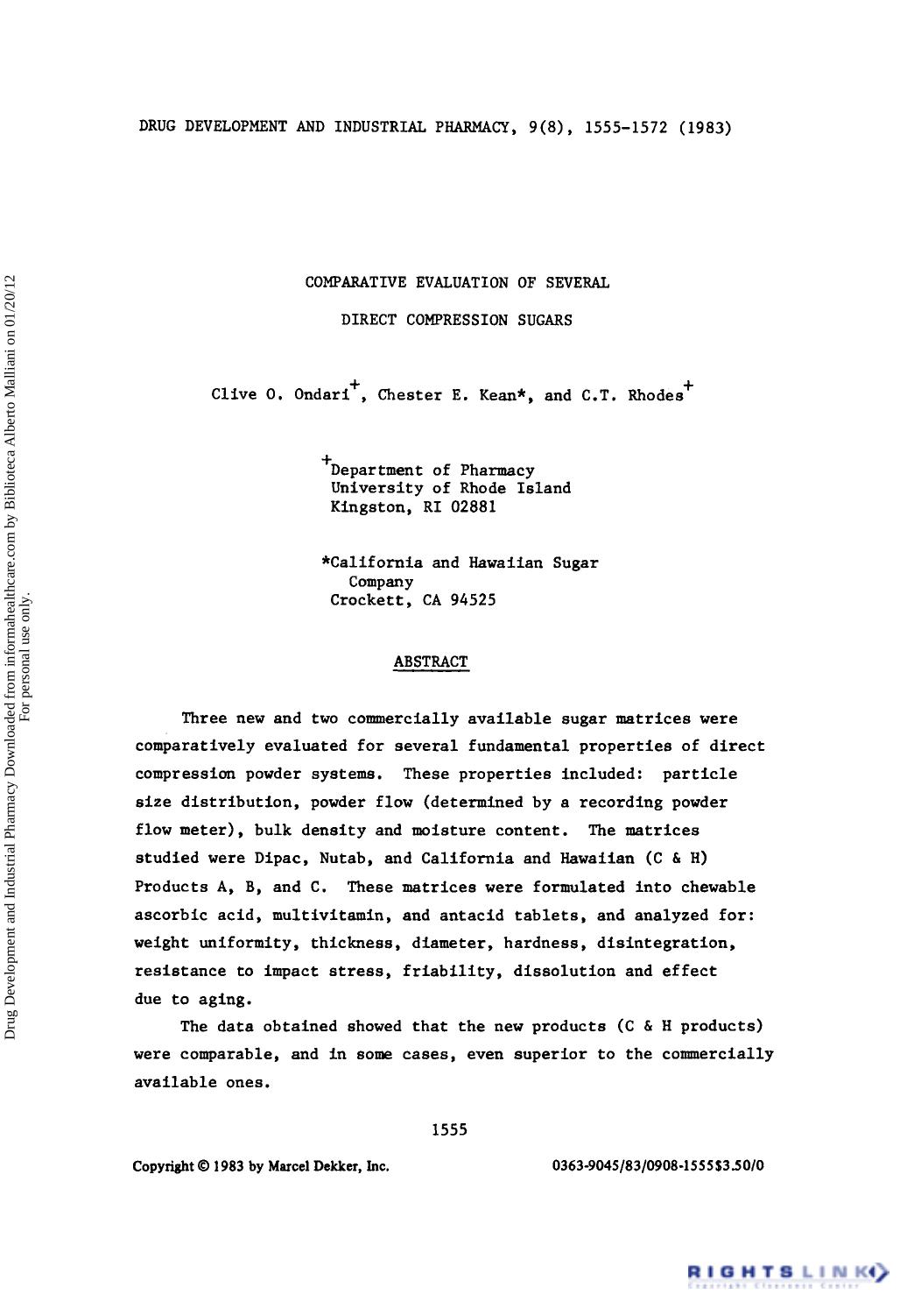 Comparative Evaluation of Several Direct Compression Sugars by Clive O. Ondari Chester E. Kean & C. T. Rhodes