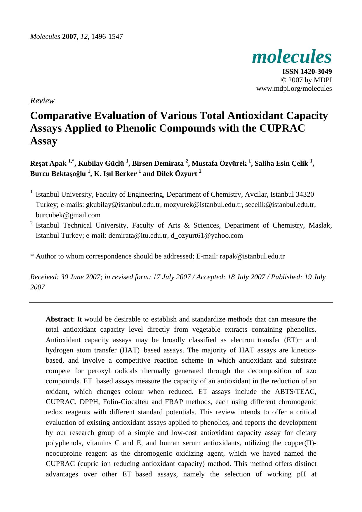 Comparative Evaluation of Various Total Antioxidant Capacity Assays Applied to Phenolic Compounds with the CUPRAC Assay by unknow