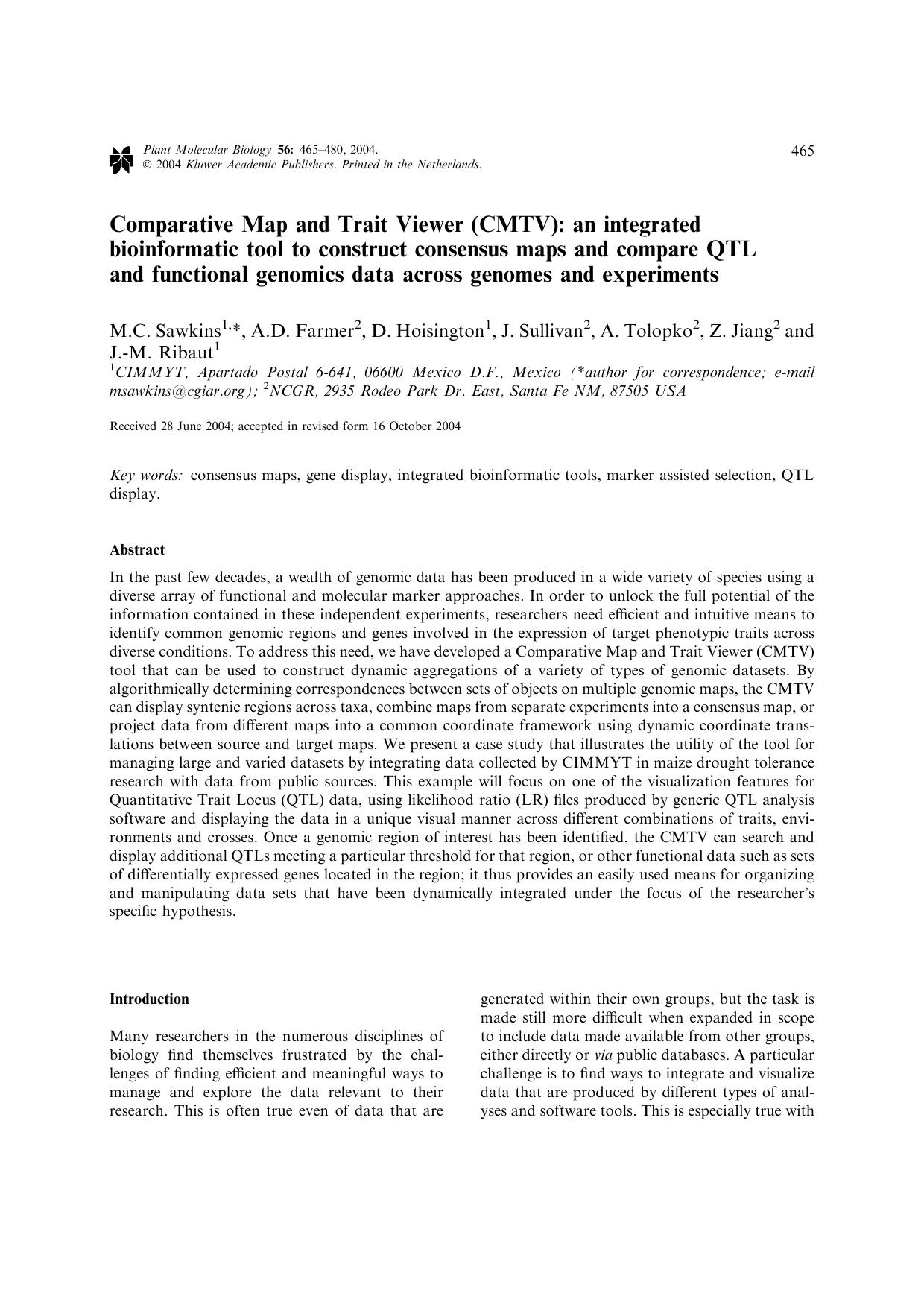 Comparative Map and Trait Viewer (CMTV): an integrated bioinformatic tool to construct consensus maps and compare QTL and functional genomics data across genomes and experiments by Unknown