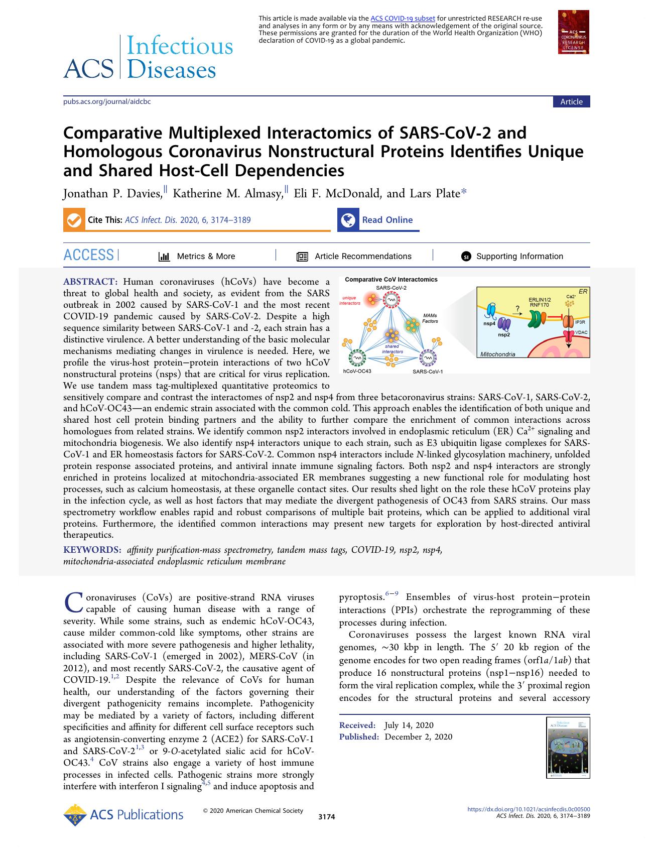 Comparative Multiplexed Interactomics of SARS-CoV-2 and Homologous Coronavirus Nonstructural Proteins Identifies Unique and Shared Host-Cell Dependencies by Jonathan P. Davies; Katherine M. Almasy; Eli F. McDonald; Lars Plate