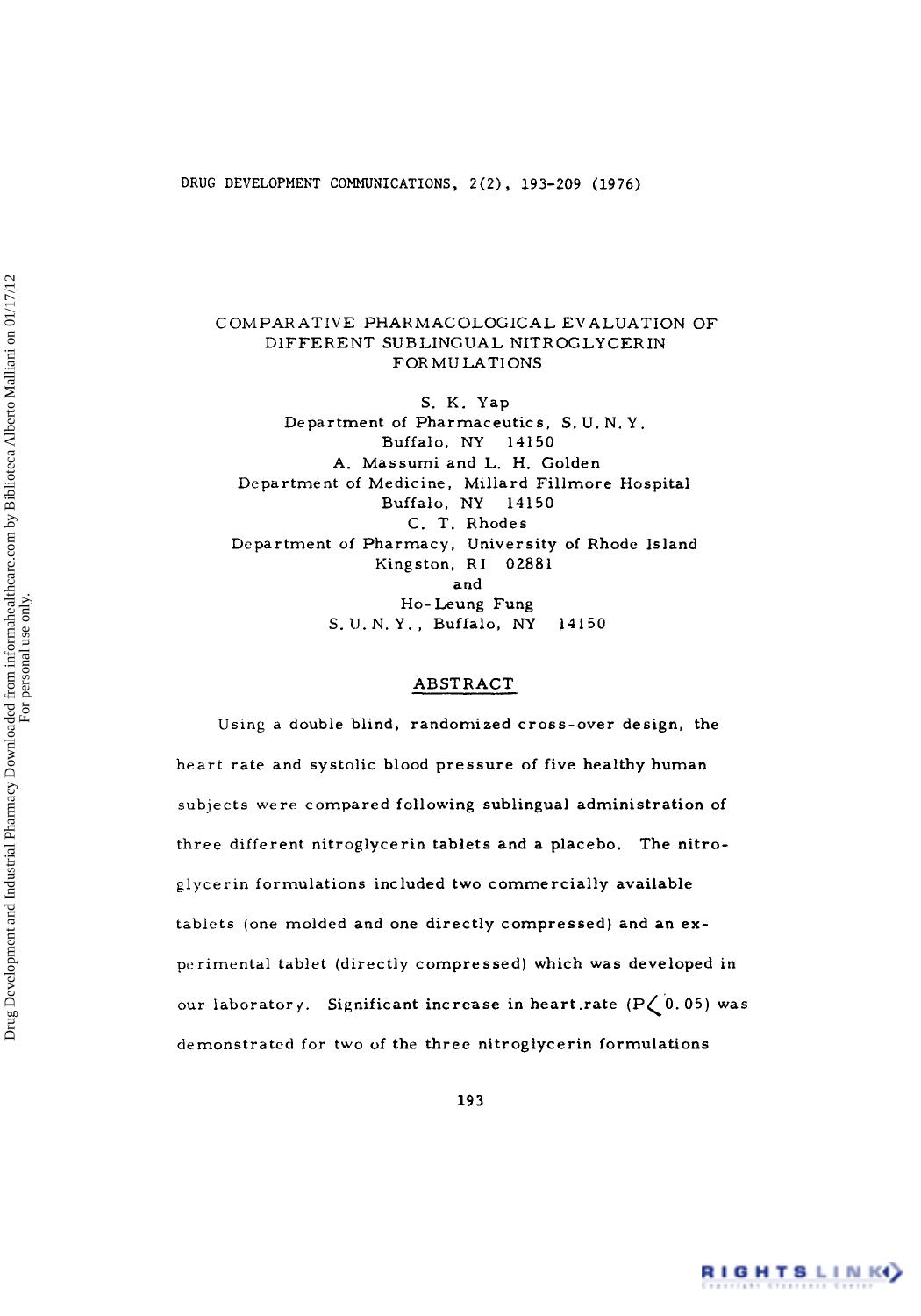 Comparative Pharmacological Evaluation of Different Sublingual Nitroglycerin Formulations by S. K. Yap A. Massumi L. H. Golden C. T. Rhodes & Ho-Leung Fung