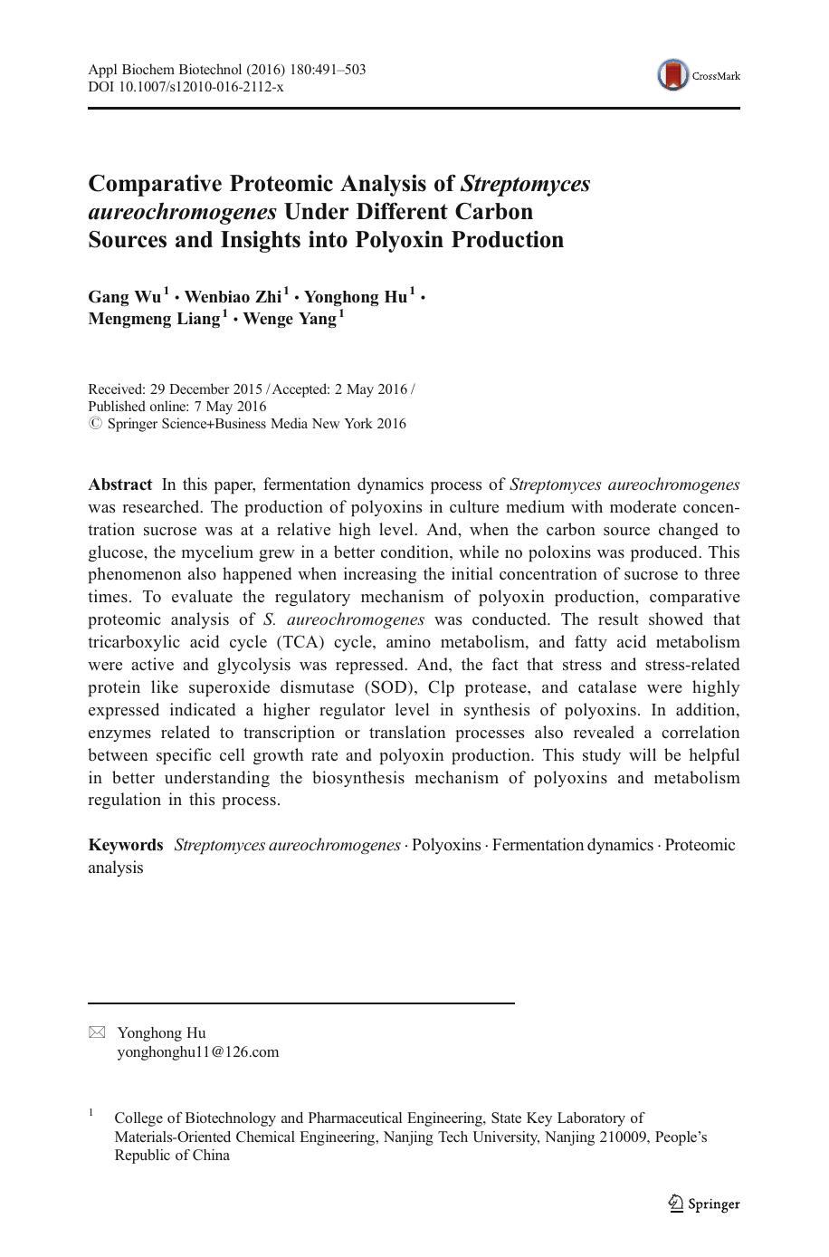 Comparative Proteomic Analysis of Streptomyces aureochromogenes Under Different Carbon Sources and Insights into Polyoxin Production by Gang Wu & Wenbiao Zhi & Yonghong Hu & Mengmeng Liang & Wenge Yang