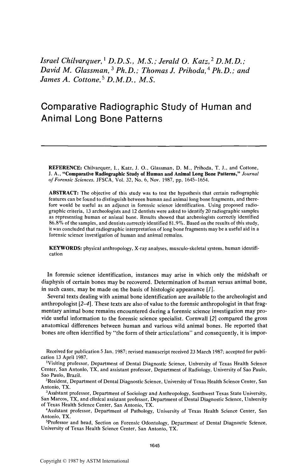 Comparative Radiographic Study of Human and Animal Long Bone Patterns by Chilvarquer I Katz JO Glassman DM Prihoda TJ Cottone JA
