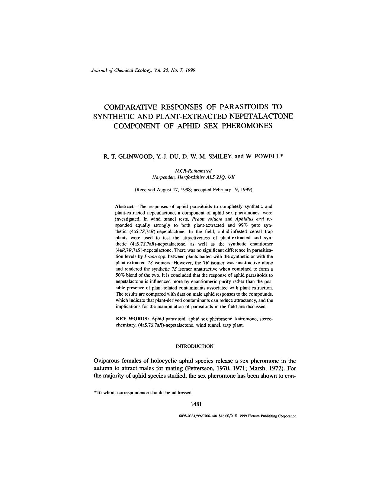 Comparative Responses of Parasitoids to Synthetic and Plant-Extracted Nepetalactone Component of Aphid Sex Pheromones by Unknown