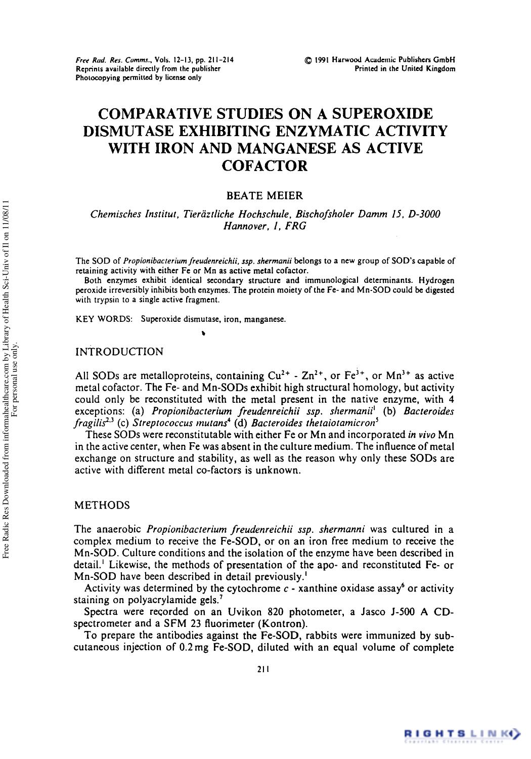 Comparative Studies on a Superoxide Dismutase Exhibiting Enzymatic Activity with Iron and Manganese as Active Cofactor by Beate Meier