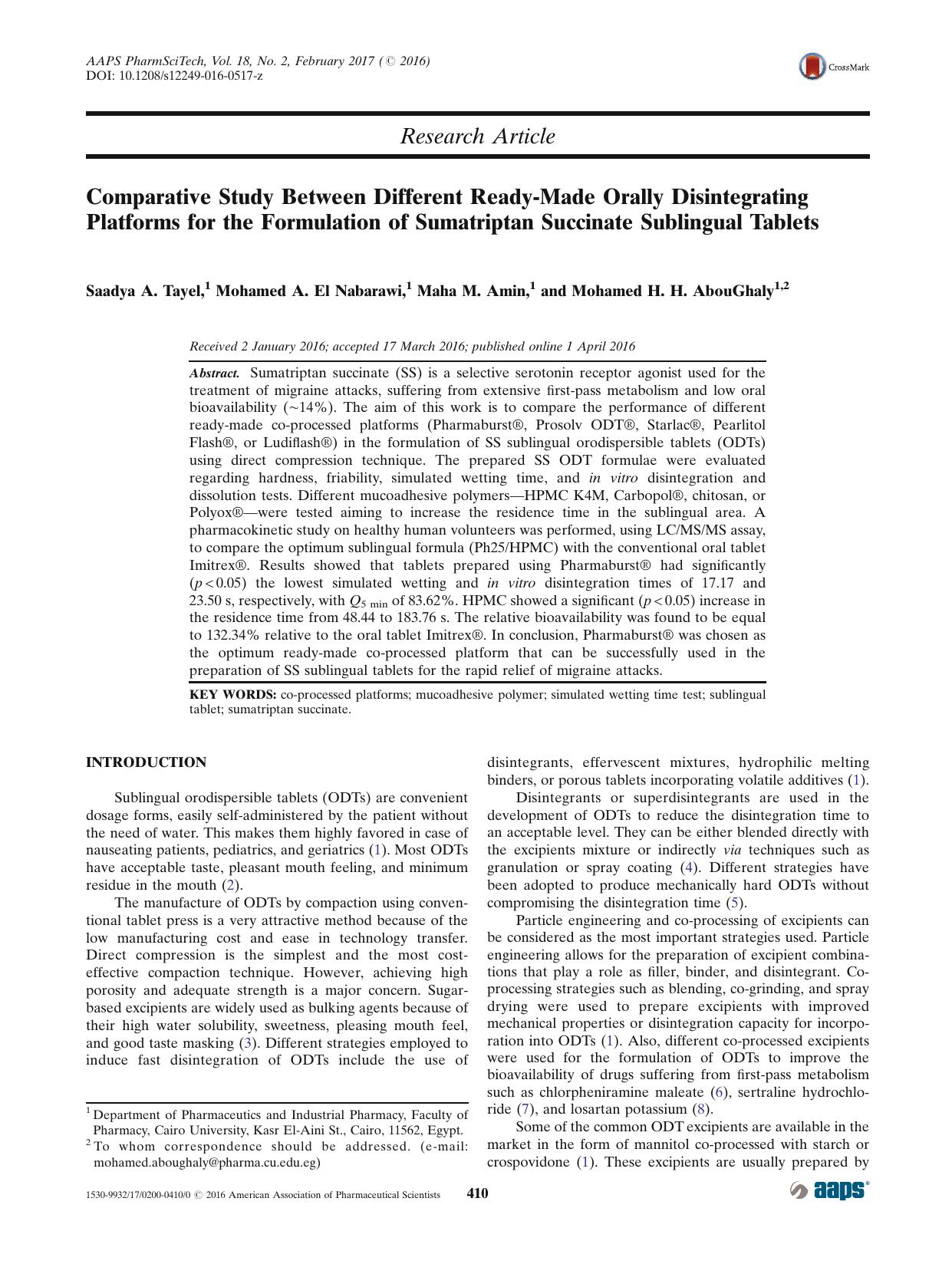 Comparative Study Between Different Ready-Made Orally Disintegrating Platforms for the Formulation of Sumatriptan Succinate Sublingual Tablets by Saadya A. Tayel & Mohamed A. Nabarawi & Maha M. Amin & Mohamed H. H. AbouGhaly