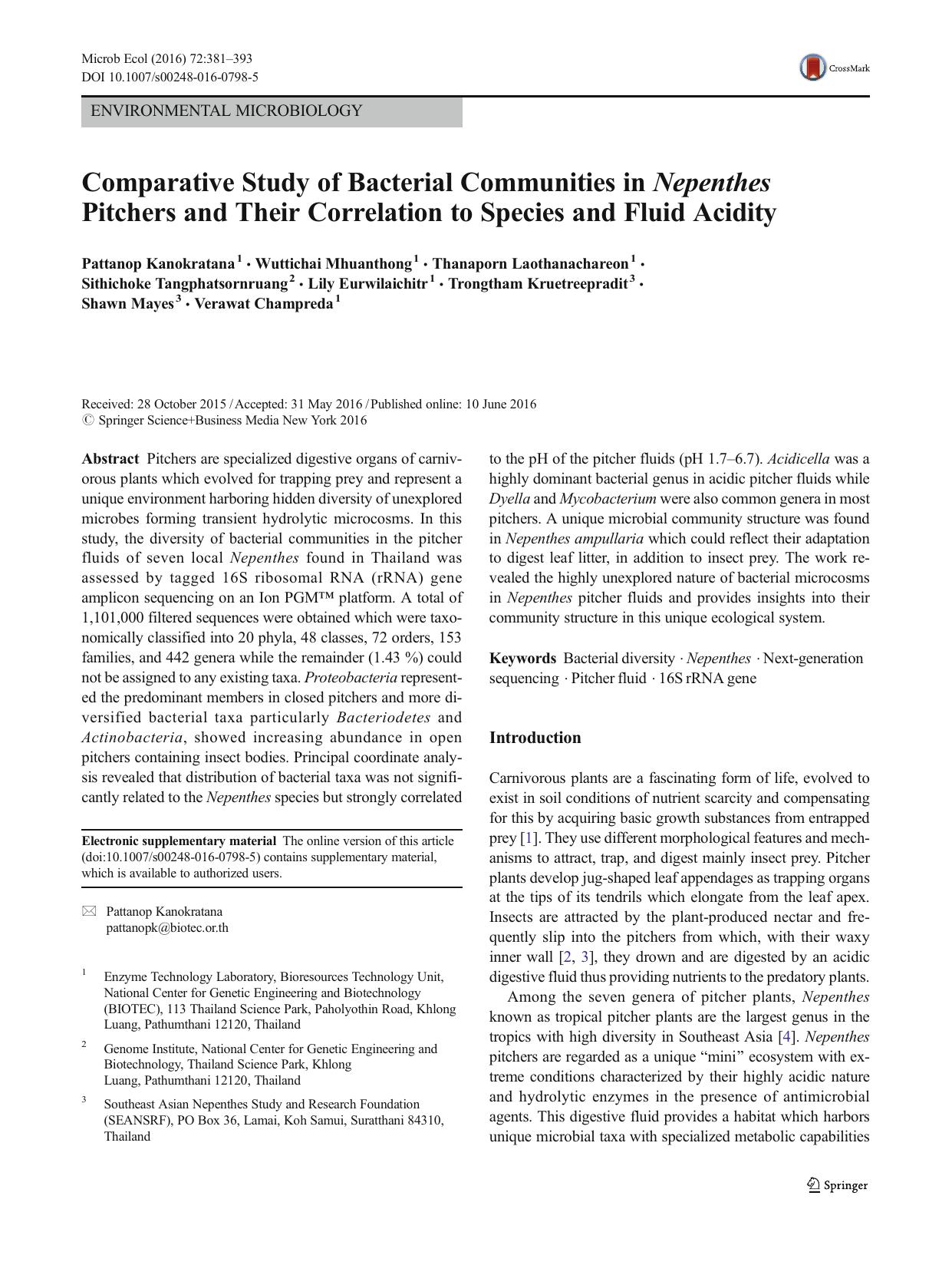 Comparative Study of Bacterial Communities in Nepenthes Pitchers and Their Correlation to Species and Fluid Acidity by unknow