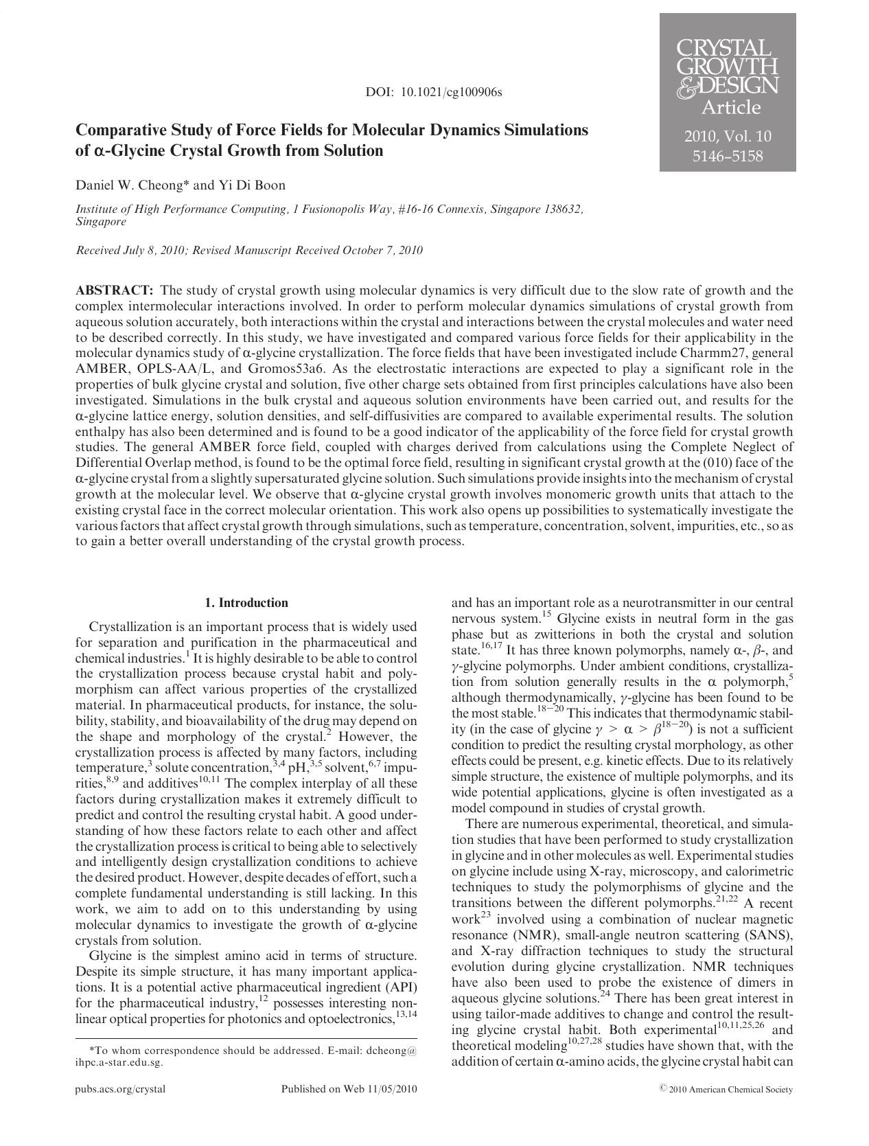 Comparative Study of Force Fields for Molecular Dynamics Simulations of -Glycine Crystal Growth from Solution by Unknown