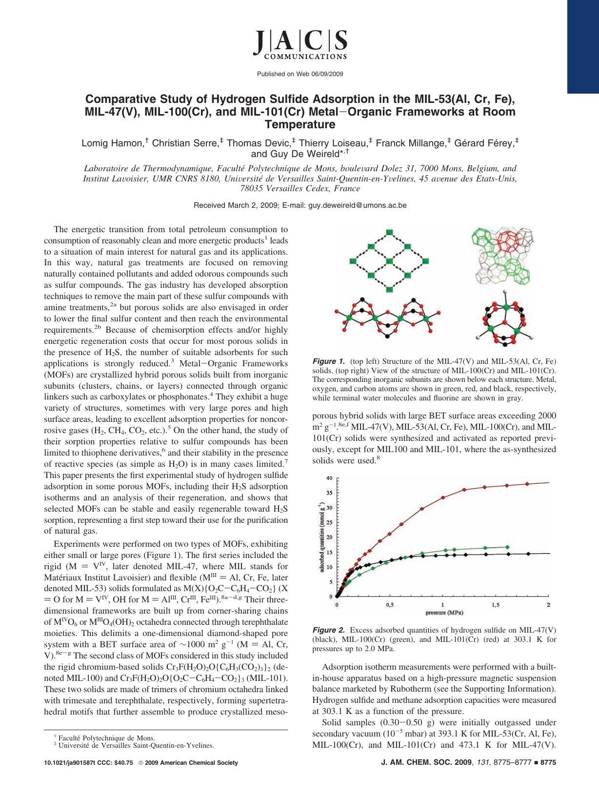 Comparative Study of Hydrogen Sulfide Adsorption in the MIL-53(Al, Cr, Fe), MIL-47(V), MIL-100(Cr), and MIL-101(Cr) MetalâOrganic Frameworks at Room Temperature by unknow