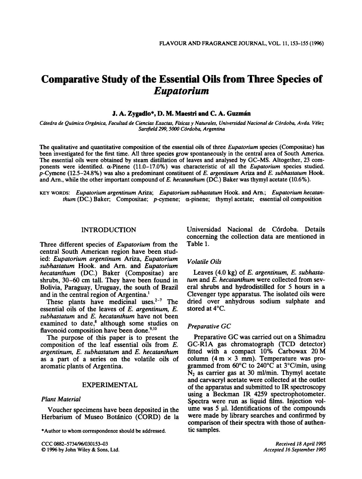 Comparative Study of the Essential Oils from Three Species of Eupatorium by Unknown