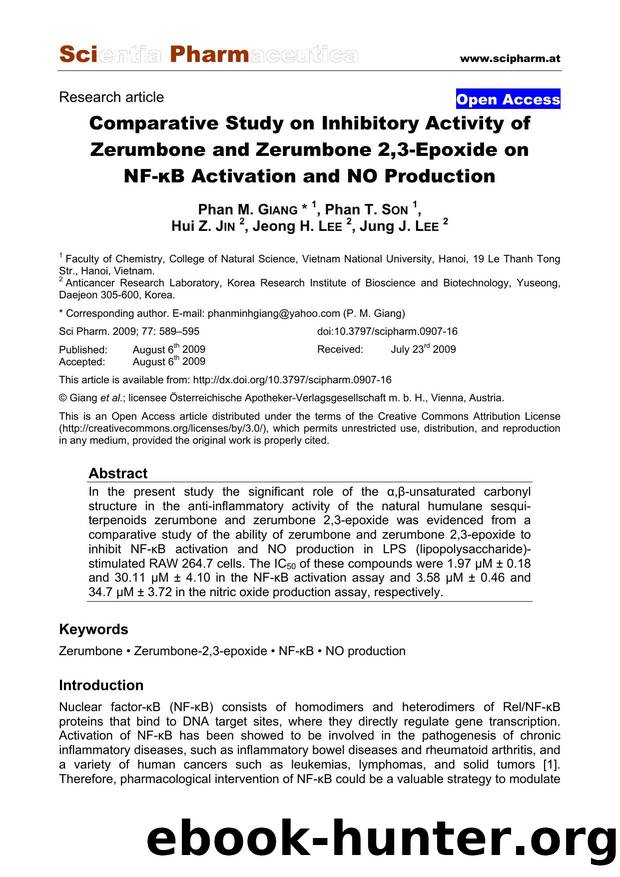 Comparative Study on Inhibitory Activity of Zerumbone and Zerumbone 2,3-Epoxide on NF-ÎºB Activation and NO Production by Phan M. GIANG & Phan T. SON & Hui Z. JIN & Jeong H. LEE & Jung J. LEE
