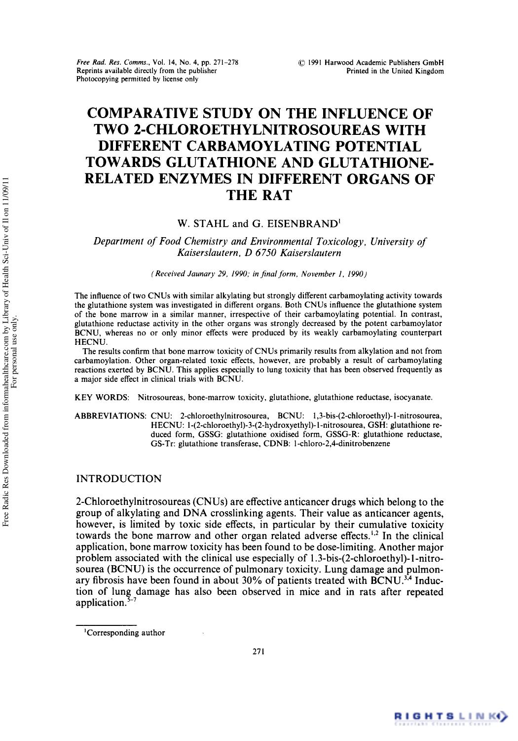 Comparative Study on the Influence of Two 2-Chloroethylnitrosoureas with Different Carbamoylating Potential Towards Glutathione and Glutathione-Related Enzymes in Different Organs of the Rat by W. Stahl1 & G. Eisenbrand1