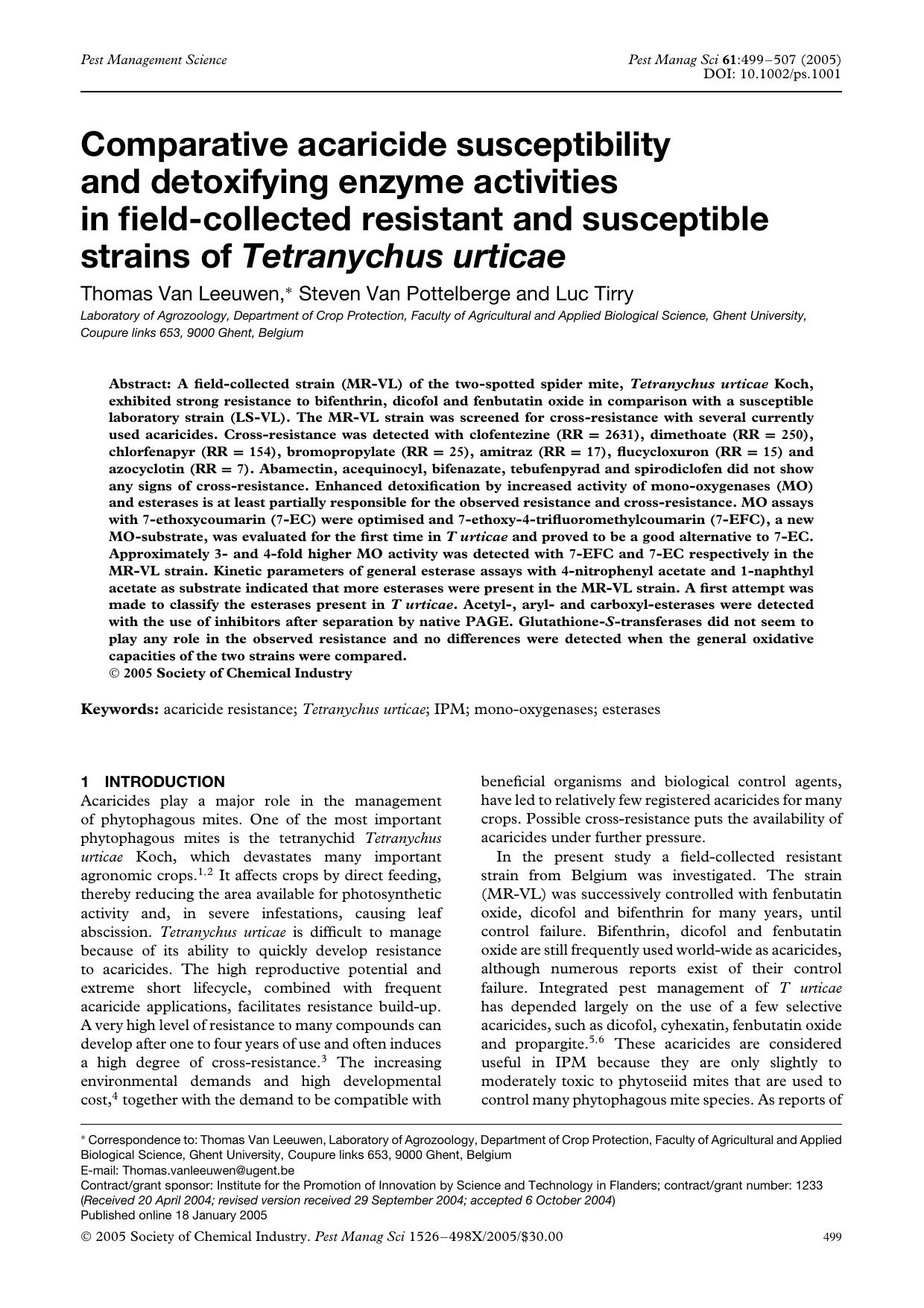 Comparative acaricide susceptibility and detoxifying enzyme activities in field-collected resistant and susceptible strains of Tetranychus urticae by Unknown