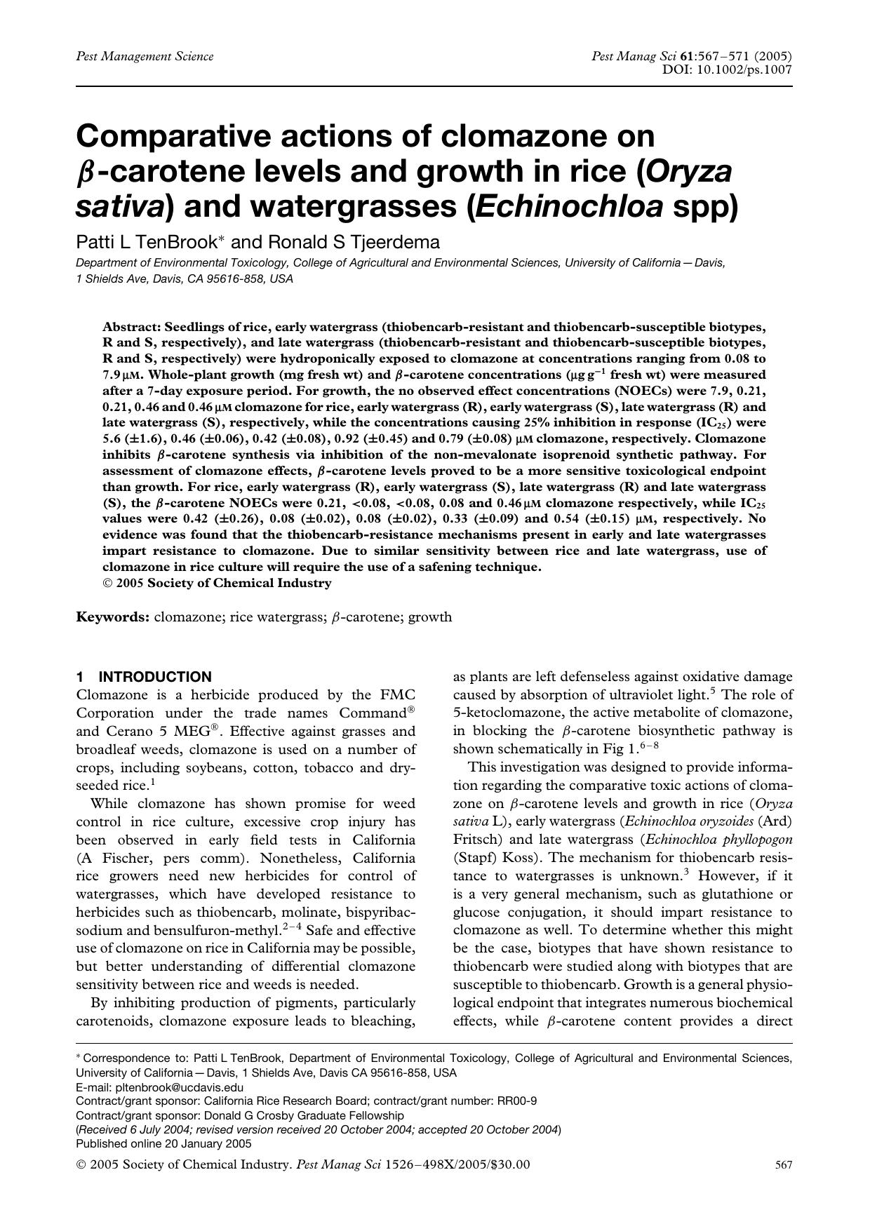 Comparative actions of clomazone on [beta]-carotene levels and growth in rice (Oryza sativa) and watergrasses (Echinochloa spp) by Unknown