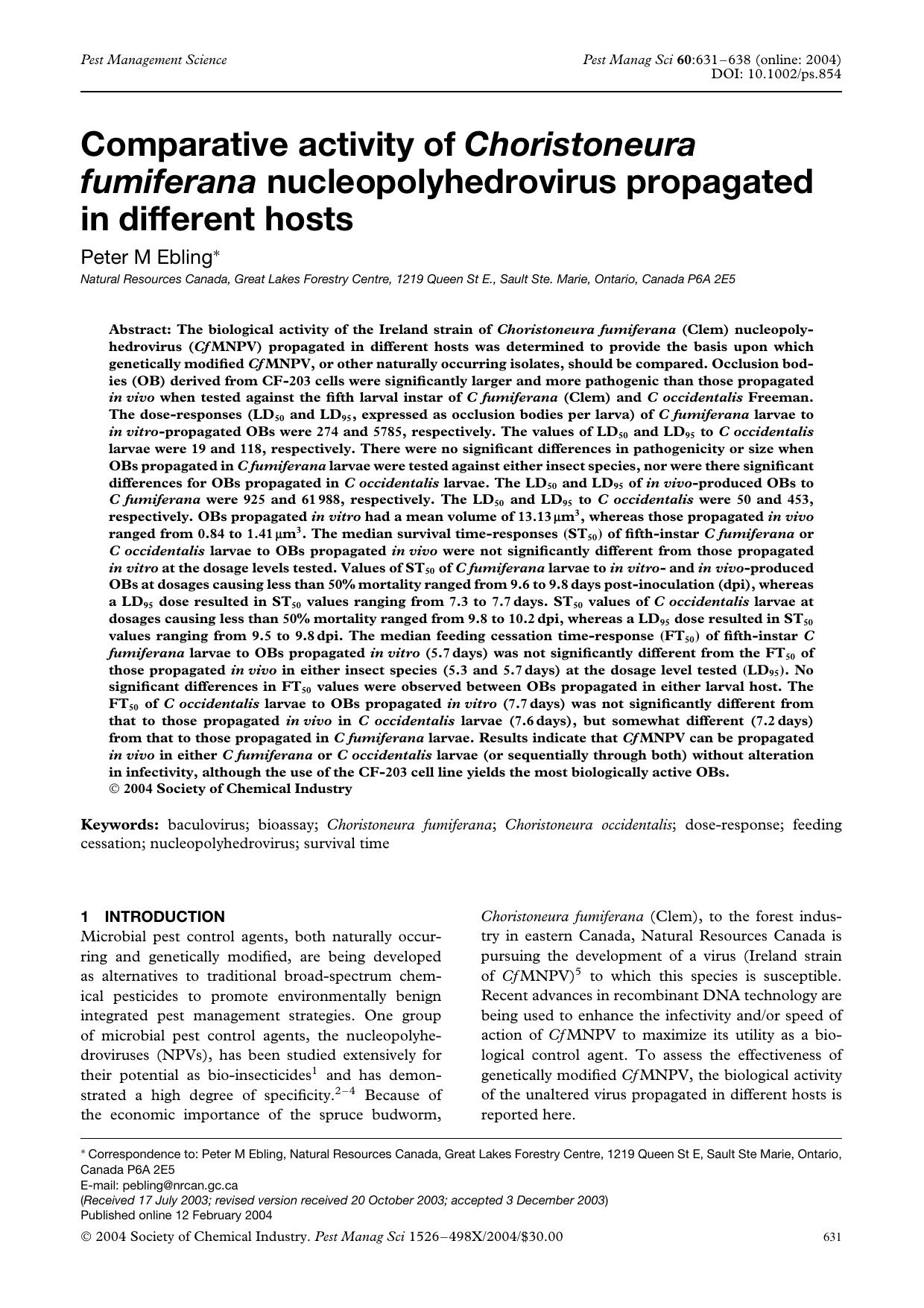 Comparative activity of Choristoneura fumiferana nucleopolyhedrovirus propagated in different hosts by Unknown
