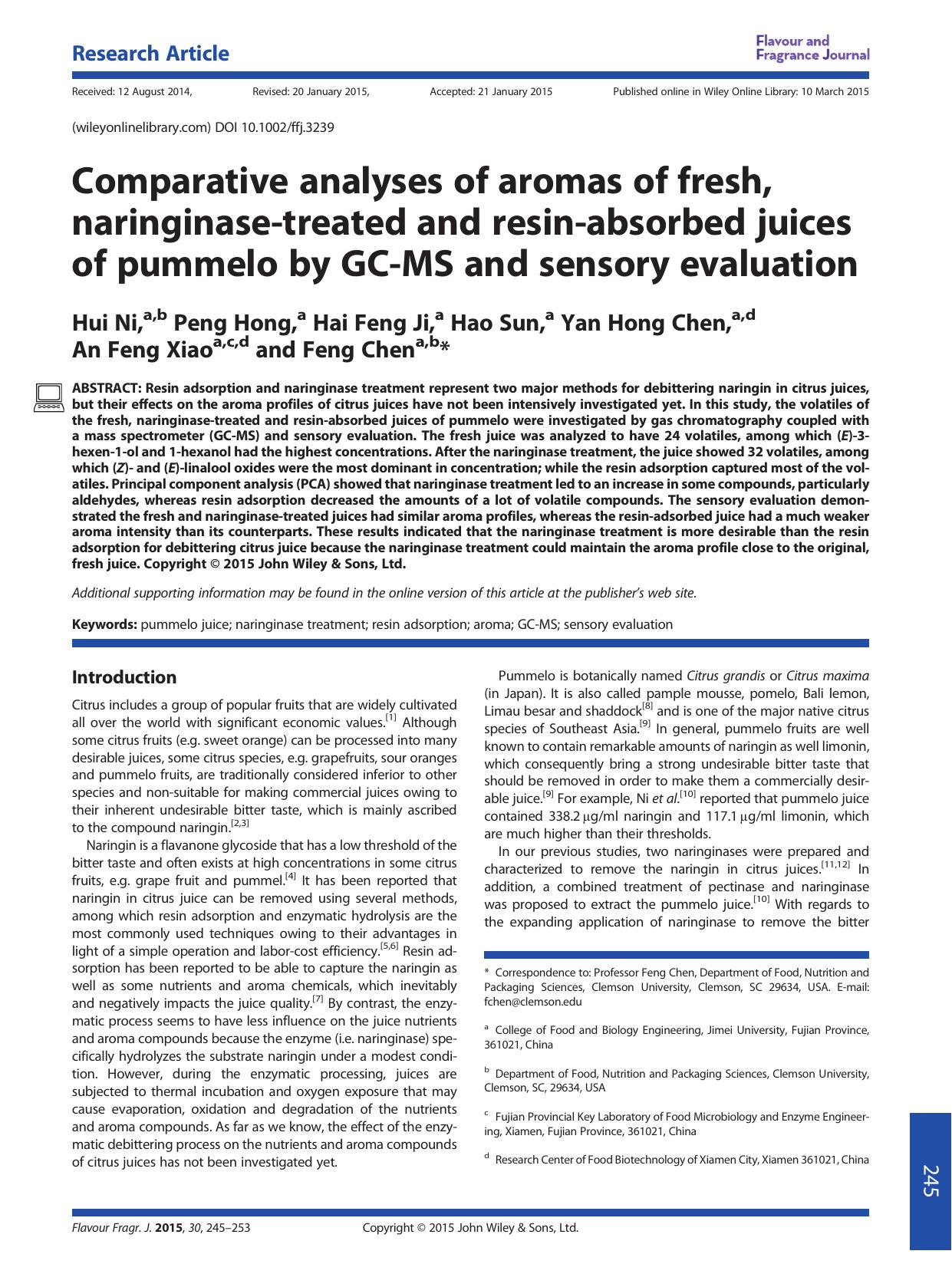 Comparative analyses of aromas of fresh, naringinase-treated and resin-absorbed juices of pummelo by GC-MS and sensory evaluation by Hui Ni & Peng Hong & Hai Feng Ji & Hao Sun & Yan Hong Chen & An Feng Xiao & Feng Chen